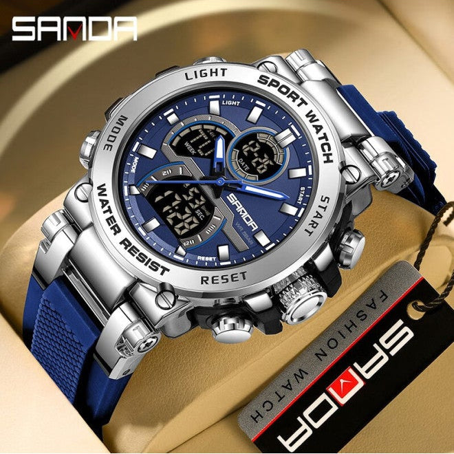 Sanda Men's Waterproof Luminous Dual Display Electronic Sports Watch